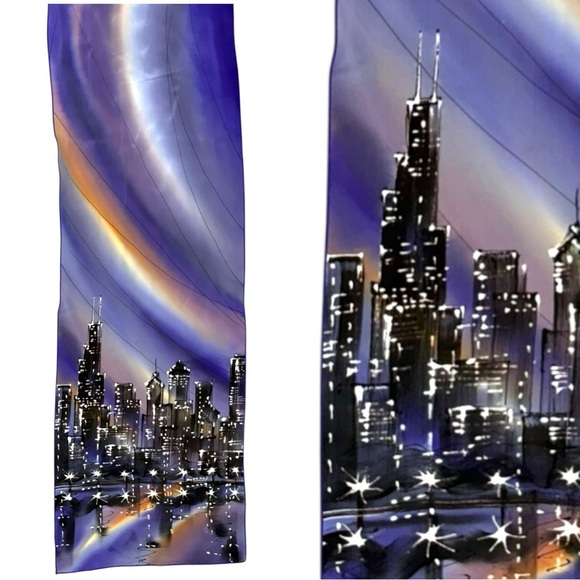 Hand Painted 100% Silk Scarf, Purple Blue City Skyline Print Wearable Art Wrap - Picture 1 of 8
